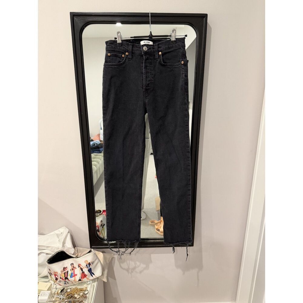RE/DONE Black High Rise Straight Jeans / Raw Hem